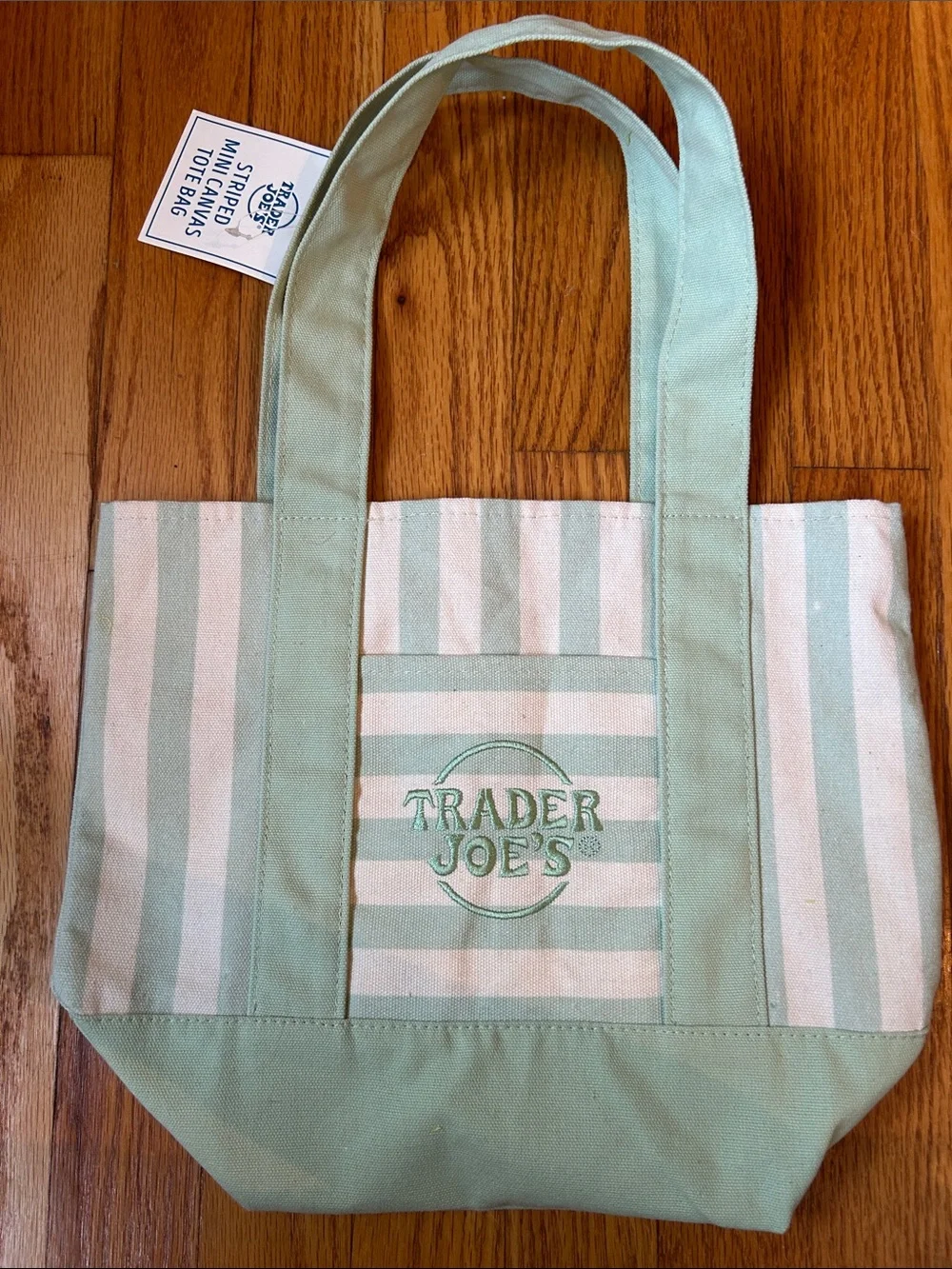 Trader Joe's Mint Striped Mini Canvas Tote Bag with Embroidered Bee